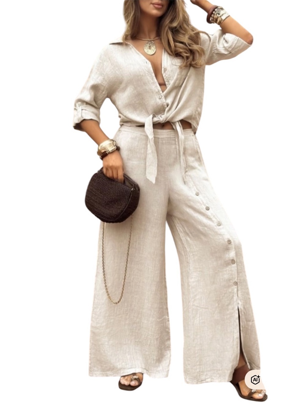 Women’s Cream Wide-Leg Linen like Pants Set